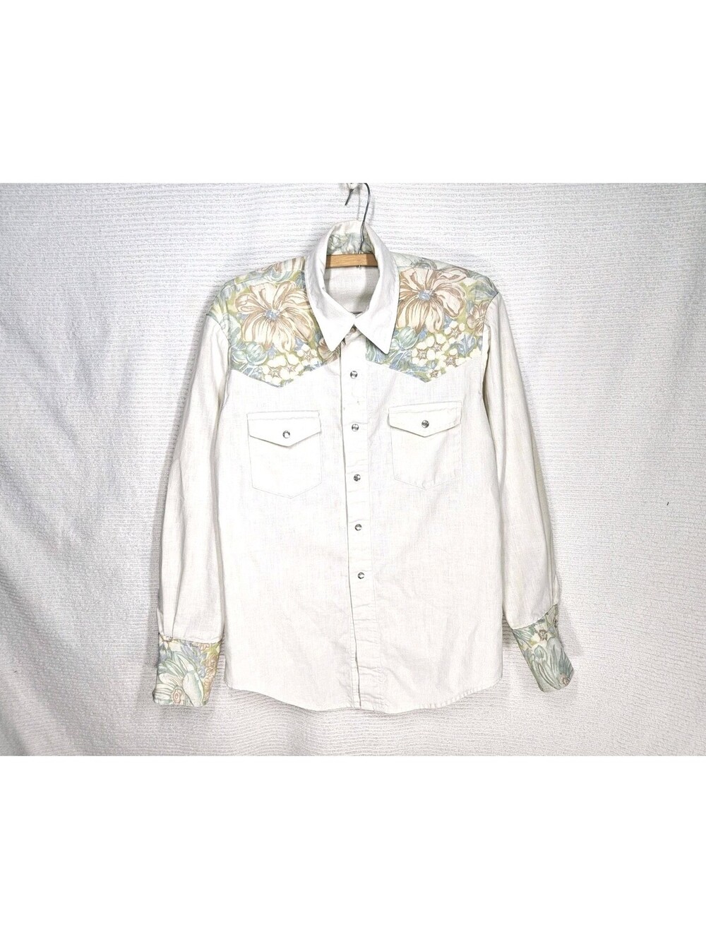 Vintage 70s Western Shirt White Cotton Canvas Floral Yokes Pearl Snaps Large